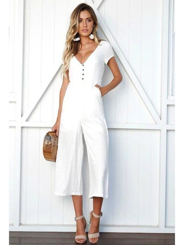 V neck wide leg jumpsuit for women Summer fashion short sleeve khaki rompers womens jumpsuit Causal loose overalls - Takalr