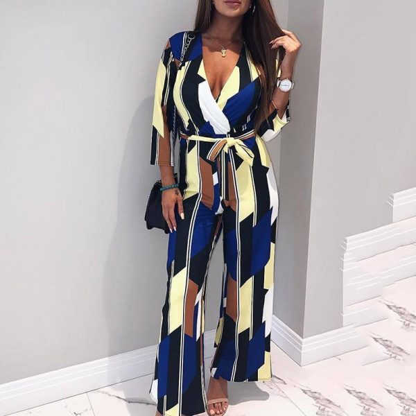 V neck wrap jumpsuit women wide leg pants long rompers womens jumpsuit summer casual streetwear playsuit combinaison femme - Takalr