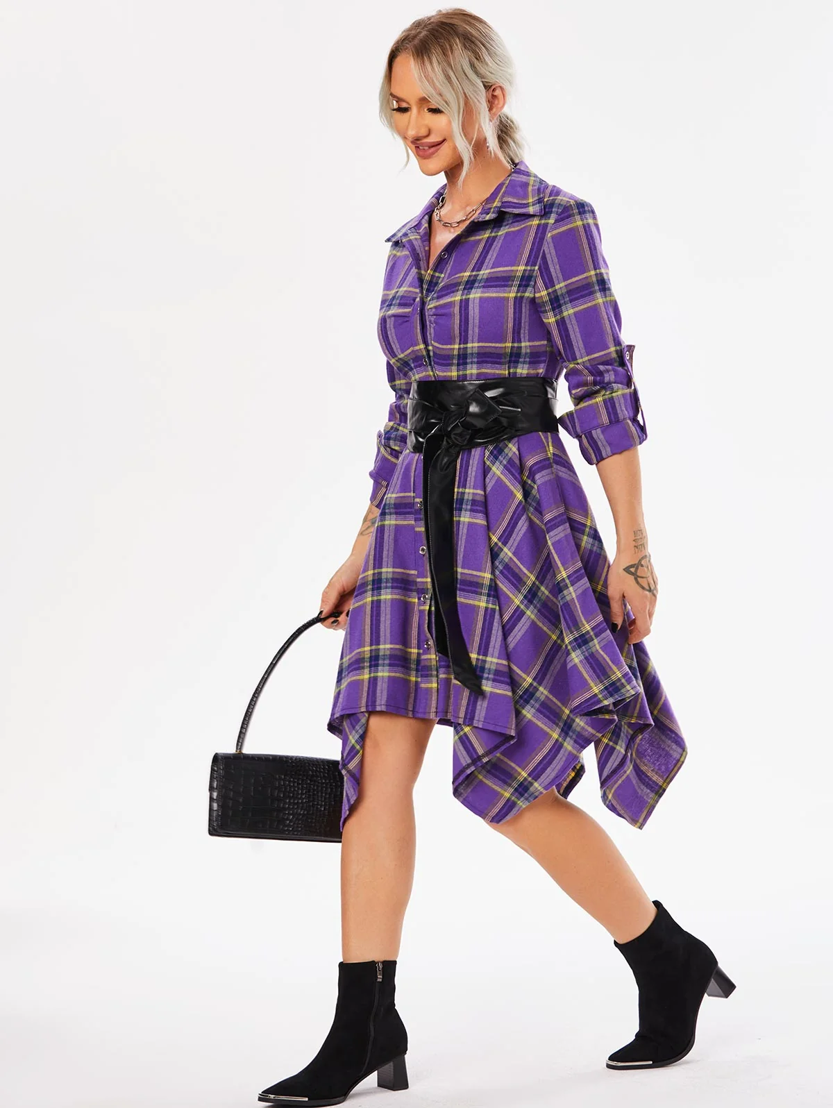 Handkerchief Dress Fashion Plaid Print Button Up Long Sleeve Shirt Dress Fall Clothes for Women Casual Short Dresses - Image 4