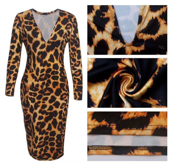 Sheath Leopard Print V Neck Dress Women Slim Fit Long Sleeve Midi Dress Night Club Party Pencil Dresses Xxl Robe Femme - Takalr