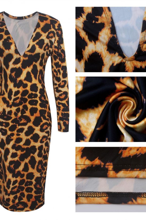 Sheath Leopard Print V Neck Dress Women Slim Fit Long Sleeve Midi Dress Night Club Party Pencil Dresses Xxl Robe Femme - Takalr