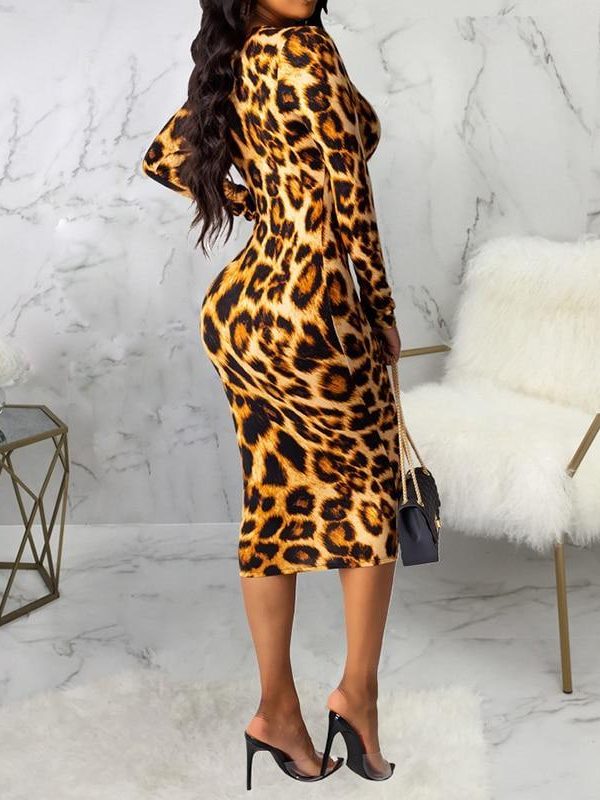 Sheath Leopard Print V Neck Dress Women Slim Fit Long Sleeve Midi Dress Night Club Party Pencil Dresses Xxl Robe Femme - Takalr