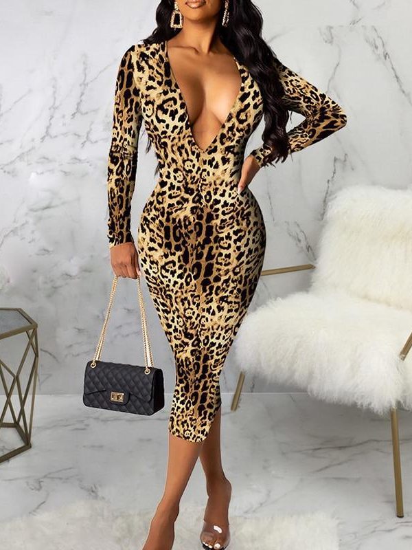 Sheath Leopard Print V Neck Dress Women Slim Fit Long Sleeve Midi Dress Night Club Party Pencil Dresses Xxl Robe Femme - Takalr