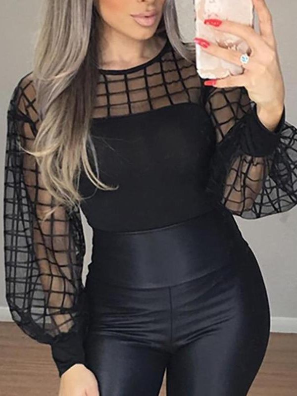 Sheer grid mesh casual shirt Women Long sleeve tops womens top Black plaid slim tops summer  Lantern sleeve blusas - Takalr