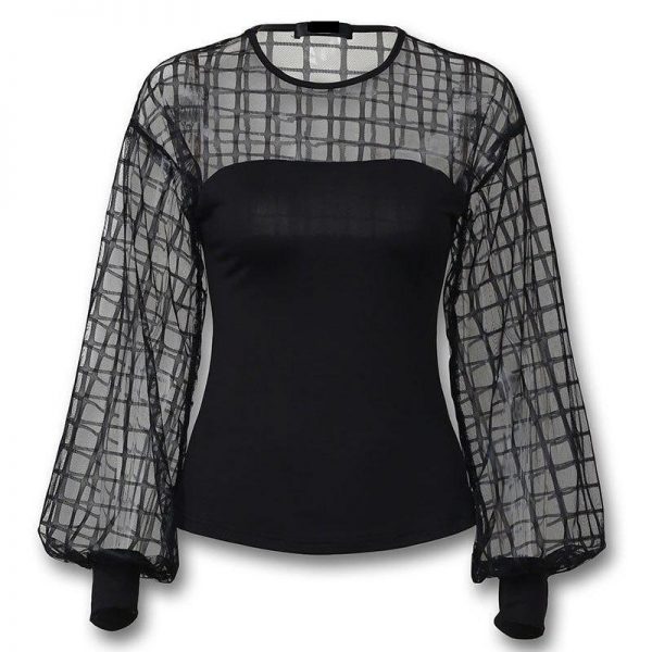 Sheer grid mesh casual shirt Women Long sleeve tops womens top Black plaid slim tops summer  Lantern sleeve blusas - Takalr