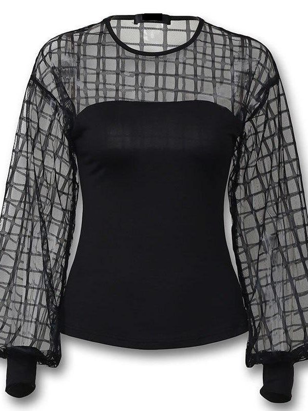 Sheer grid mesh casual shirt Women Long sleeve tops womens top Black plaid slim tops summer  Lantern sleeve blusas - Takalr