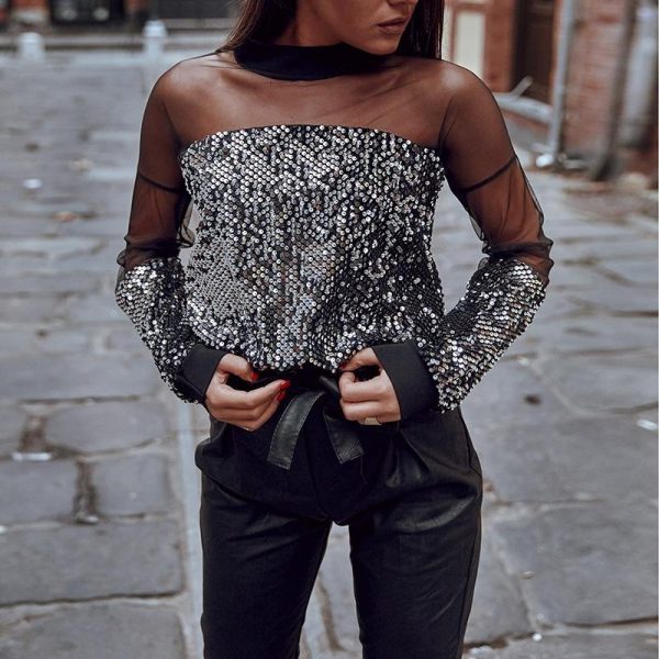 Sheer mesh sequin blouse Women see through long sleeve sexy shirt Summer womens tops and blouses Black sequined tops femme - Takalr