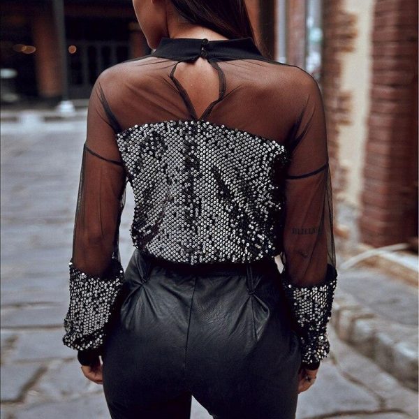 Sheer mesh sequin blouse Women see through long sleeve sexy shirt Summer womens tops and blouses Black sequined tops femme - Takalr