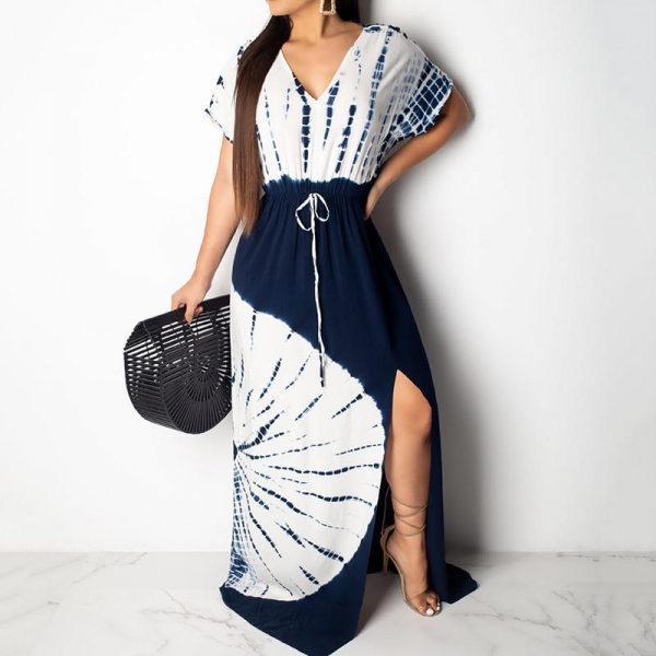 Side split lace up long dress Women short sleeve v neck summer beach dress Vintage print maxi dresses robe femme vestidos - Takalr