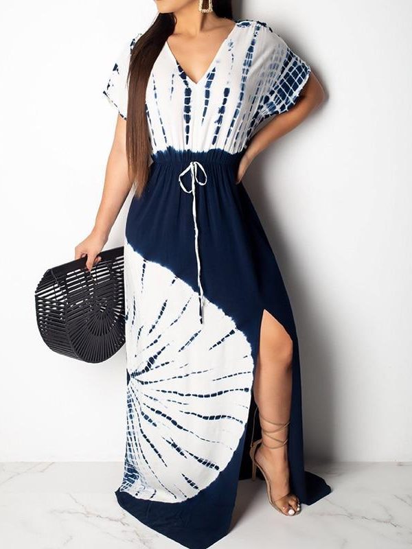 Side split lace up long dress Women short sleeve v neck summer beach dress Vintage print maxi dresses robe femme vestidos - Takalr