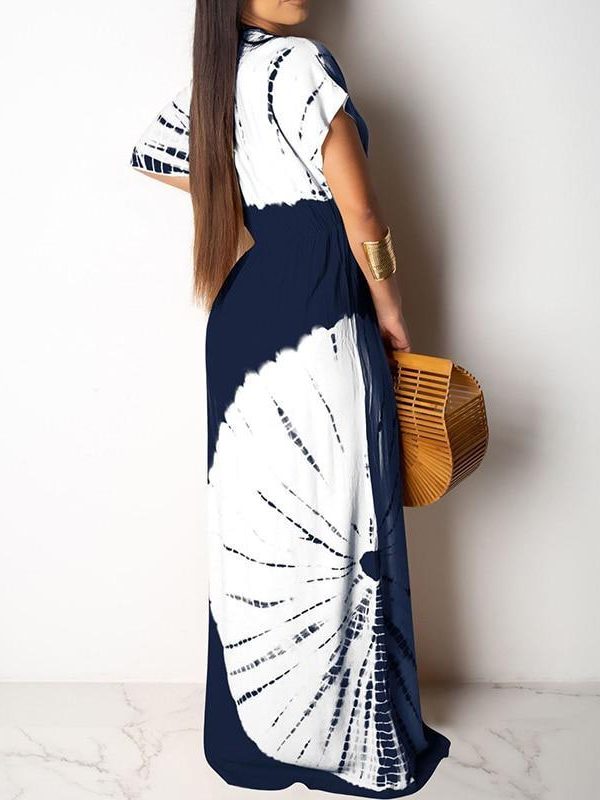 Side split lace up long dress Women short sleeve v neck summer beach dress Vintage print maxi dresses robe femme vestidos - Takalr