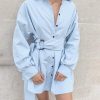 Single breasted sashes wrap shirt dress women Long sleeve short solid blue white dresses Autumn womens festival clothing - Takalr