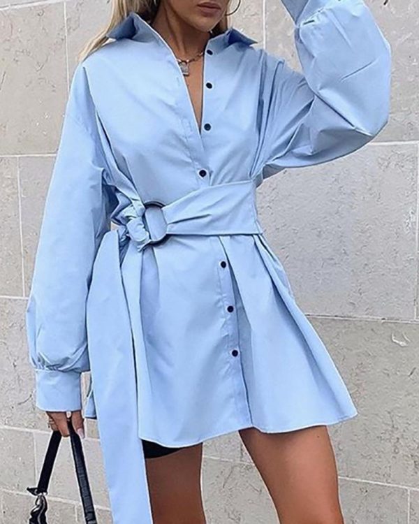 Single breasted sashes wrap shirt dress women Long sleeve short solid blue white dresses Autumn womens festival clothing - Takalr