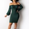 Slash Neck Off Shoulder Dress Women Long Sleeve Backless Bodycon Dresses Sexy Knee Length Slim Fashion Lace Up Vestidos Winter - Takalr