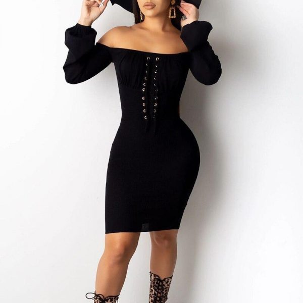 Slash Neck Off Shoulder Dress Women Long Sleeve Backless Bodycon Dresses Sexy Knee Length Slim Fashion Lace Up Vestidos Winter - Takalr