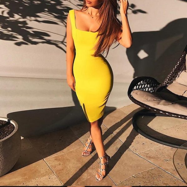 Sleeveless square collar yellow bodycon dress women Spaghetti strap tight dress party summer dress Vestidos femme - Takalr