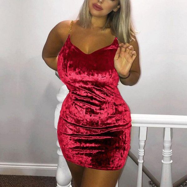 Slim Chain Strap Velvet Dress Women Solid Spaghetti Strap Mini Party Dress Sleeveless Bodycon Dresses Velvet Vestidos Mujer - Takalr