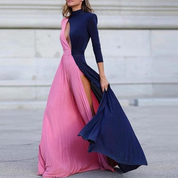 Slit Long Maxi Dress Women Winter Color Patchwork Long Sleeve Dress - Takalr