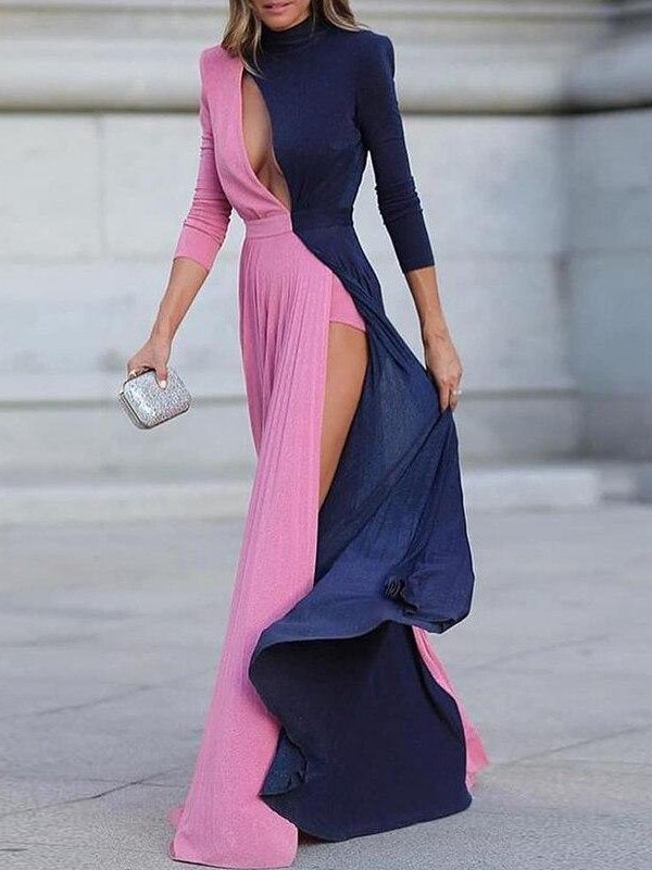 Slit Long Maxi Dress Women Winter Color Patchwork Long Sleeve Dress - Takalr