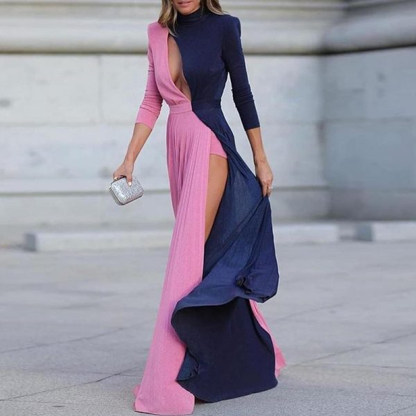 Slit Long Maxi Dress Women Winter Color Patchwork Long Sleeve Dress - Takalr