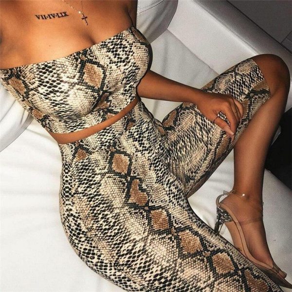 Snake print strapless two piece set women Crop tops and shorts skinny suits Sexy night club outfits Summer woman tracksuits - Takalr