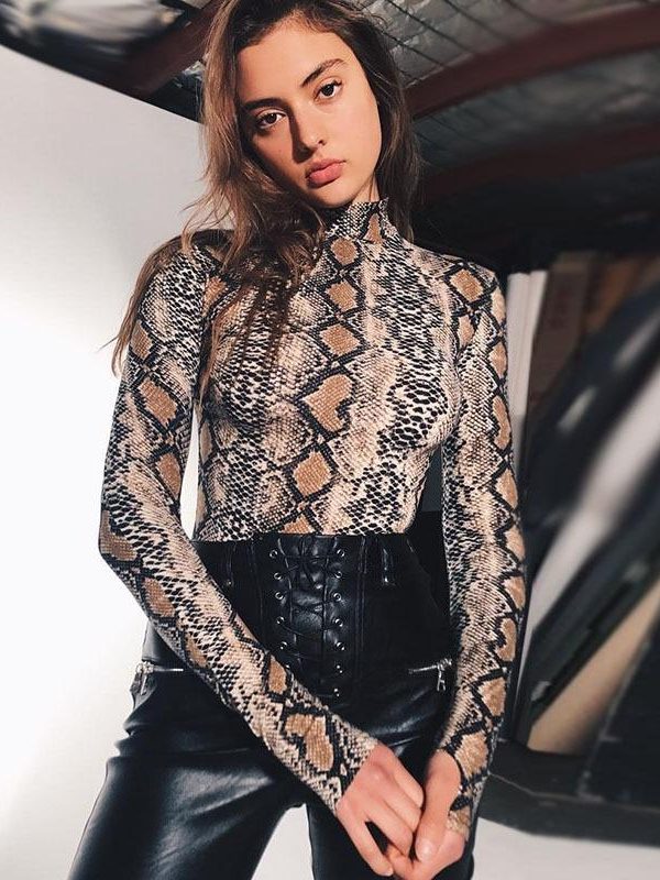 Snakeskin printed bodysuits women snake long sleeve bodysuit fashion bodycon sexy bodysuit blouse shirt streerwear jumpsuit - Takalr