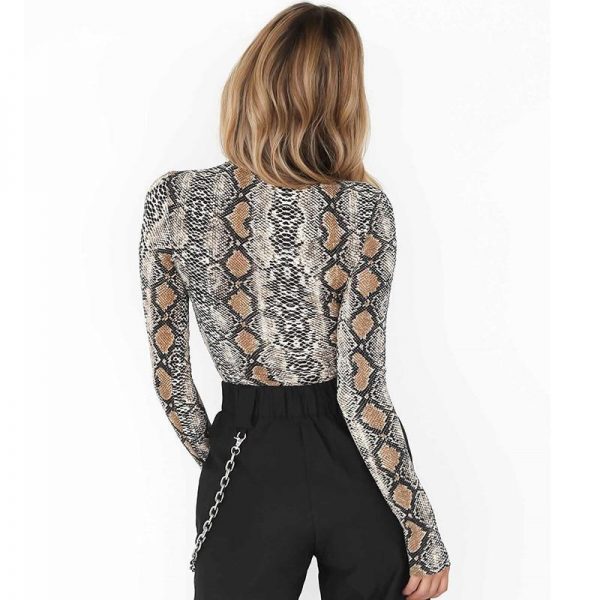 Snakeskin printed bodysuits women snake long sleeve bodysuit fashion bodycon sexy bodysuit blouse shirt streerwear jumpsuit - Takalr