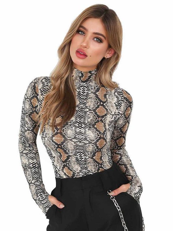 Snakeskin printed bodysuits women snake long sleeve bodysuit fashion bodycon sexy bodysuit blouse shirt streerwear jumpsuit - Takalr