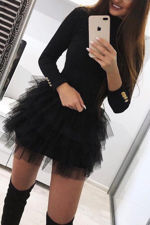 Solid Black Mesh Insert Spliced Mini Dress Women Buttoned Long Sleeve Party Dress - Takalr