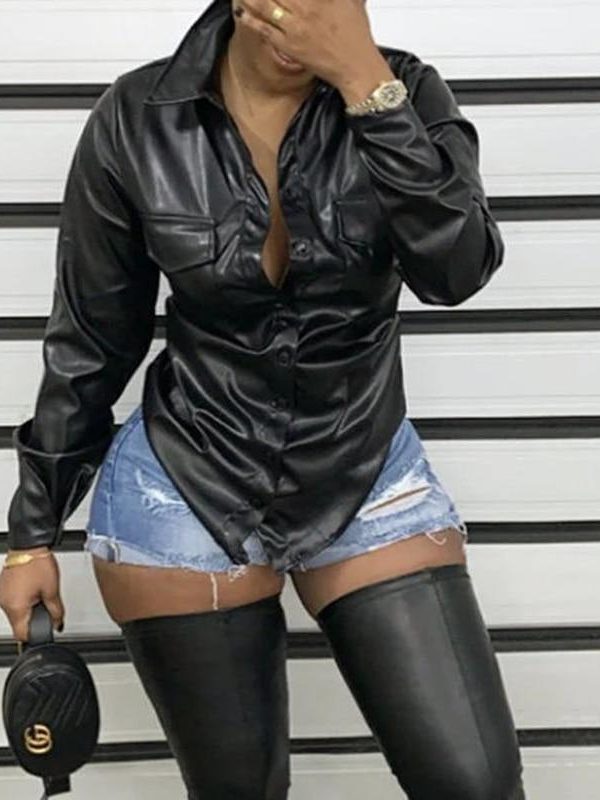 Solid Black Pu Leather Shirt Women Turn Down Collar Long Sleeve T Shirt Streetwear - Takalr