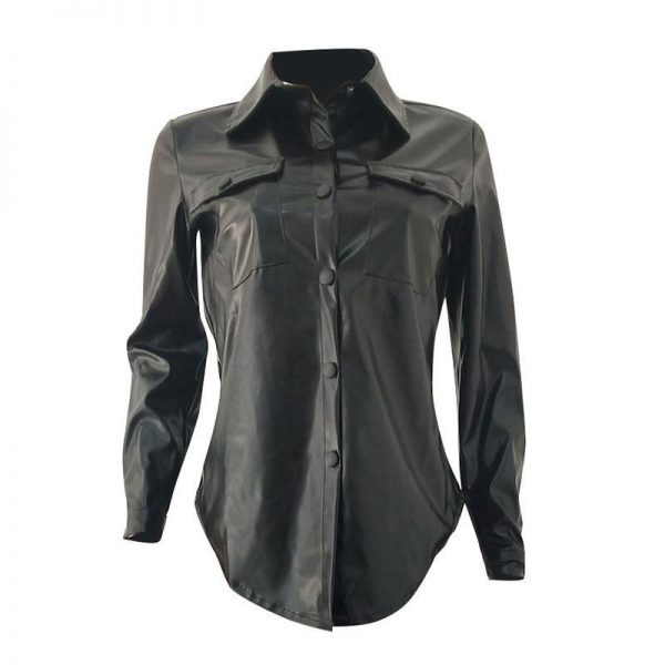 Solid Black Pu Leather Shirt Women Turn Down Collar Long Sleeve T Shirt Streetwear - Takalr