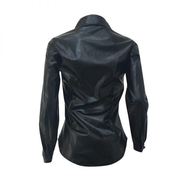 Solid Black Pu Leather Shirt Women Turn Down Collar Long Sleeve T Shirt Streetwear - Takalr