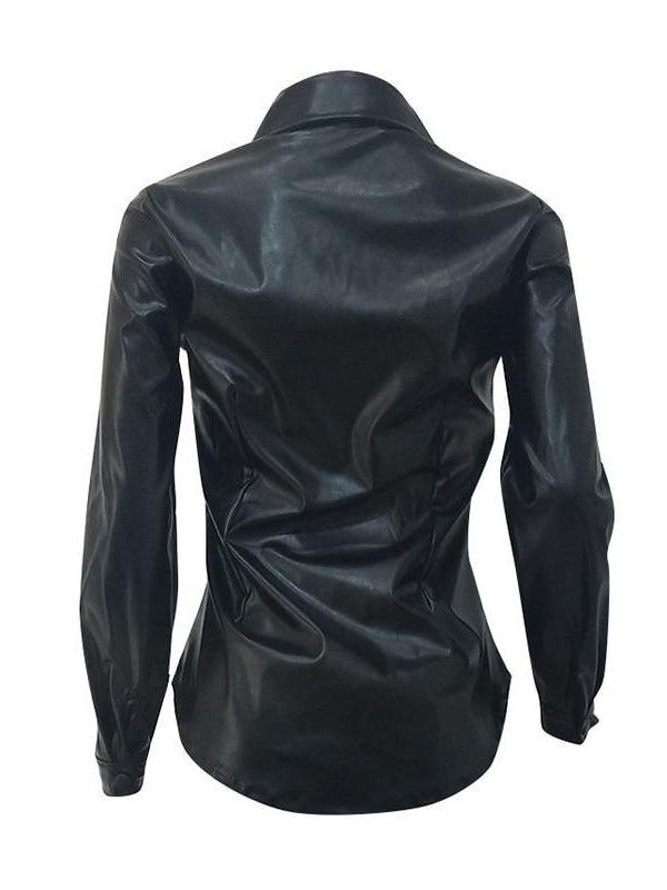 Solid Black Pu Leather Shirt Women Turn Down Collar Long Sleeve T Shirt Streetwear - Takalr