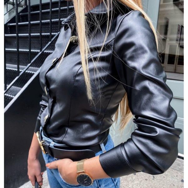 Solid Black Pu Leather T Shirt Women Single Breasted Slim Tshirt Streetwear Autumn Fashion Leather Tops Blusa Mujer - Takalr