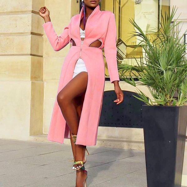 Solid Color Pink Long Sleeve Dress Women Holllow Out Waist Split  Midi Dress Elegant Ladies Workwear Office Robe Femme - Takalr