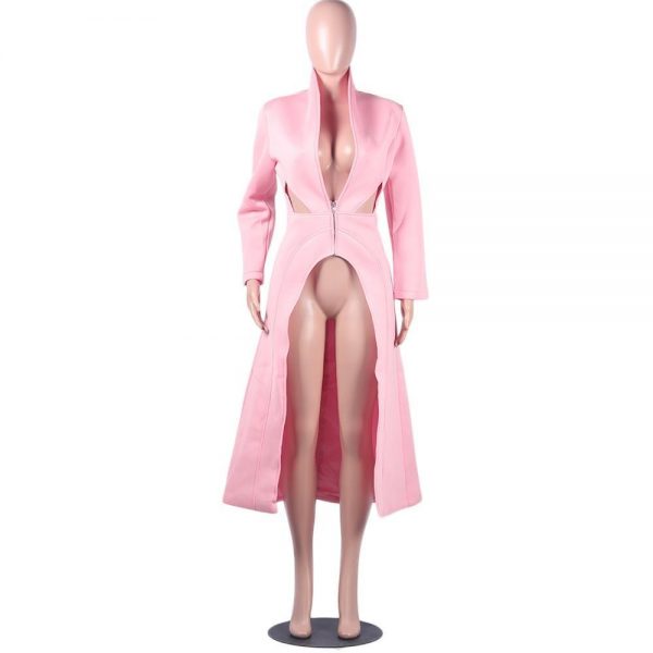 Solid Color Pink Long Sleeve Dress Women Holllow Out Waist Split  Midi Dress Elegant Ladies Workwear Office Robe Femme - Takalr