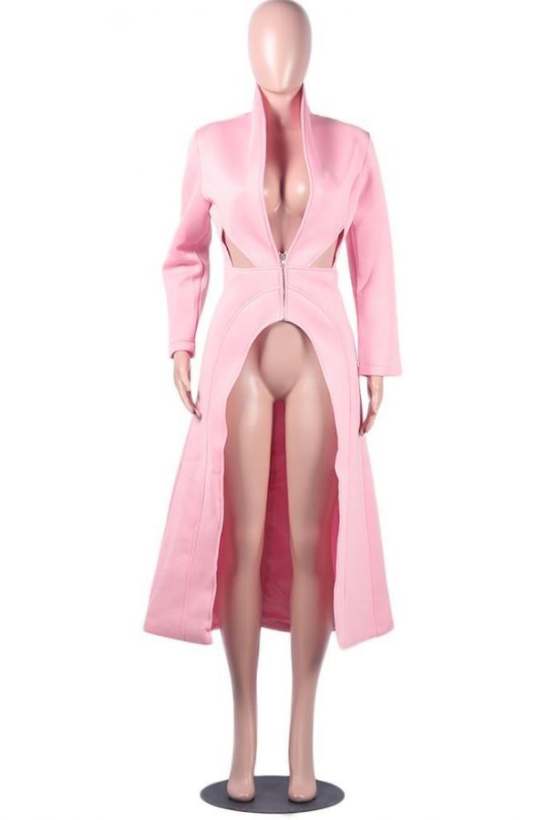 Solid Color Pink Long Sleeve Dress Women Holllow Out Waist Split  Midi Dress Elegant Ladies Workwear Office Robe Femme - Takalr