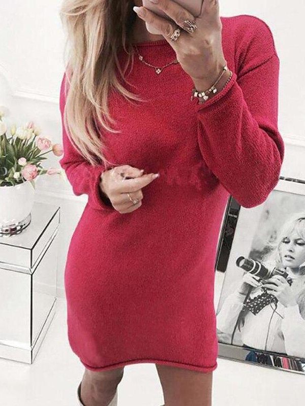 Solid Crew Neck Long Sleeve Casual Mini Dress Autumn Pullover Dress Casual Loose Straight Solid Color Dress Women - Takalr