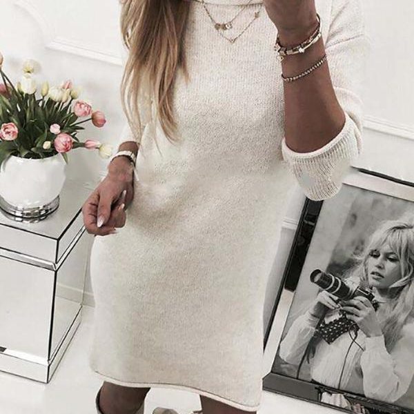 Solid Crew Neck Long Sleeve Casual Mini Dress Autumn Pullover Dress Casual Loose Straight Solid Color Dress Women - Takalr