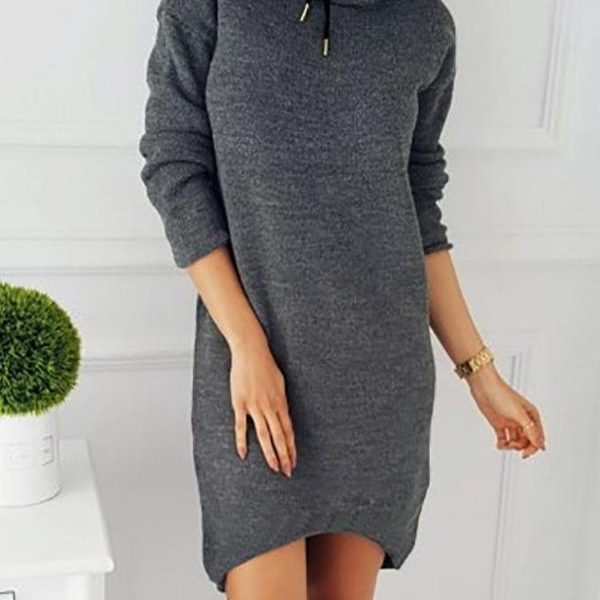 Solid Crew Neck Long Sleeve Casual Mini Dress Autumn Pullover Dress Casual Loose Straight Solid Color Dress Women - Takalr