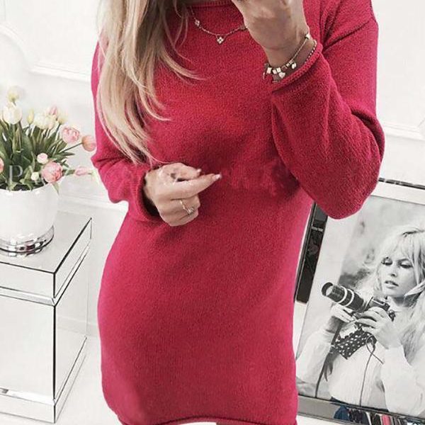 Solid Crew Neck Long Sleeve Casual Mini Dress Autumn Pullover Dress Casual Loose Straight Solid Color Dress Women - Takalr