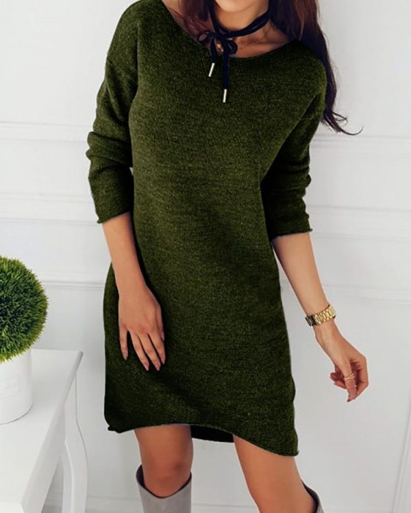 Solid Crew Neck Long Sleeve Casual Mini Dress Autumn Pullover Dress Casual Loose Straight Solid Color Dress Women - Takalr