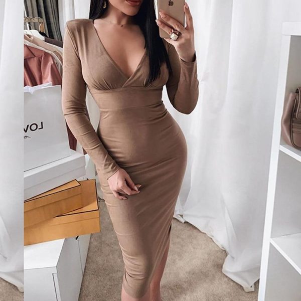 Solid Deep V-neck Bodycon Dress Women Long Sleeve Dress Winter Elegant Office Ladies Midi Pencil Dresses - Takalr