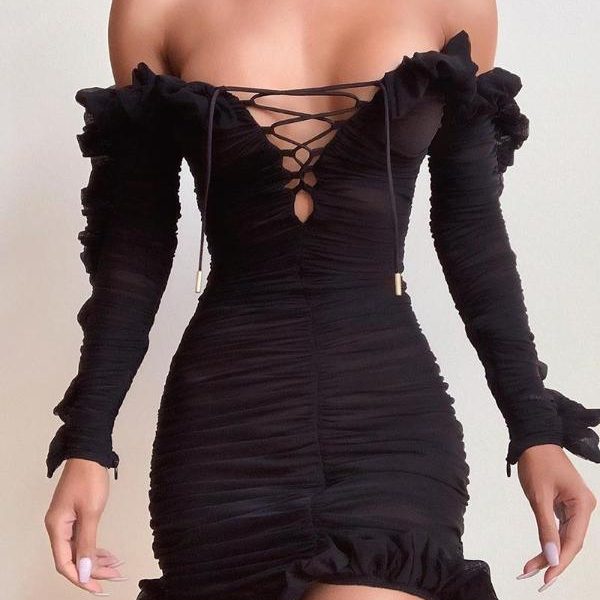 Solid Lace-Up Off Shoulder Ruffles Ruched Dress - Takalr