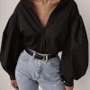 Solid Lantern Sleeve Casual Shirt Women solid black long sleeve t shirt turn down collar tee shirts streetwear fashion blusas - Takalr