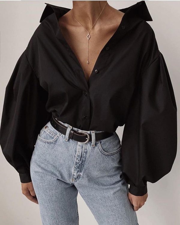 Solid Lantern Sleeve Casual Shirt Women solid black long sleeve t shirt turn down collar tee shirts streetwear fashion blusas - Takalr