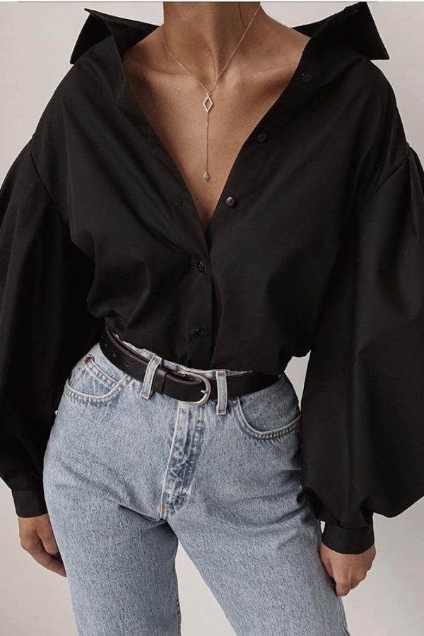 Solid Lantern Sleeve Casual Shirt Women solid black long sleeve t shirt turn down collar tee shirts streetwear fashion blusas - Takalr