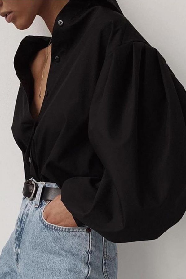 Solid Lantern Sleeve Casual Shirt Women solid black long sleeve t shirt turn down collar tee shirts streetwear fashion blusas - Takalr