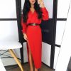 Solid Long Sleeve Slit Maxi Dress Women V Neck Red Black White Long Dress Casual Loose Spring Plunge Dresses Robe Femme - Takalr