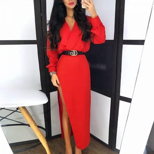 Solid Long Sleeve Slit Maxi Dress Women V Neck Red Black White Long Dress Casual Loose Spring Plunge Dresses Robe Femme - Takalr